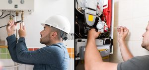 technician repairing water heater